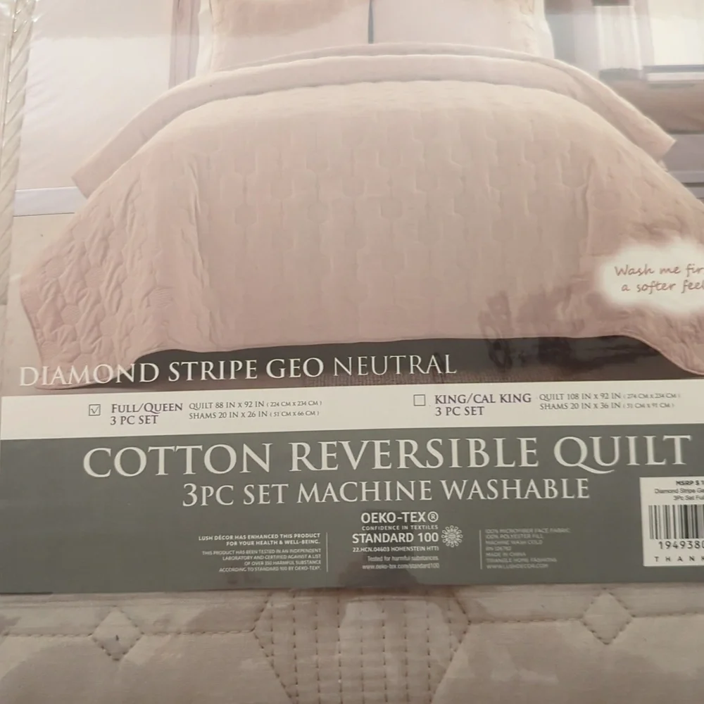Lush Decor Hexagon Honeycomb Embroidered Textured Cotton 3 Piece Quilt Set, F/Q